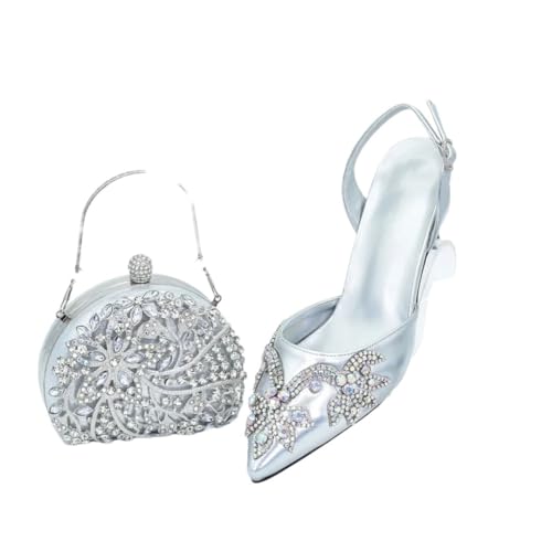 Damenschuhe und Tasche, volle Kristall-Pumps, Hochzeit, Party, elegante Absatzschuhe, Schuh und Tasche, Italien-Set, Silber für Set, 42.5 EU von Generisch