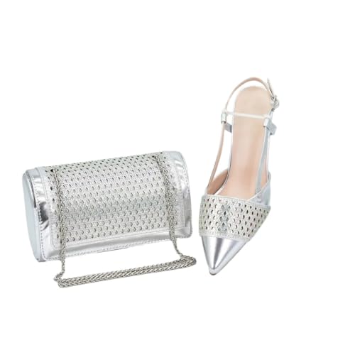 Damenschuhe und Taschen, passendes Set, Schuhe und Taschen, passend zum Set, verziert mit Strasssteinen, Hochzeit, Silber für Set, 40.5 EU von Generisch