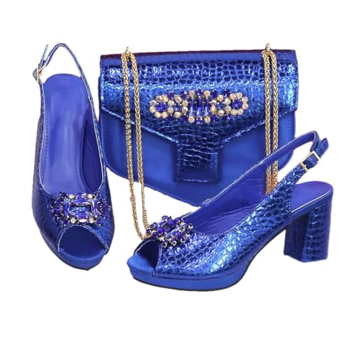 Damenschuhe und Taschen mit Strasssteinen und offenen Zehen für Partys, passendes formelles Zubehör, blau, 40.5 EU von Generisch