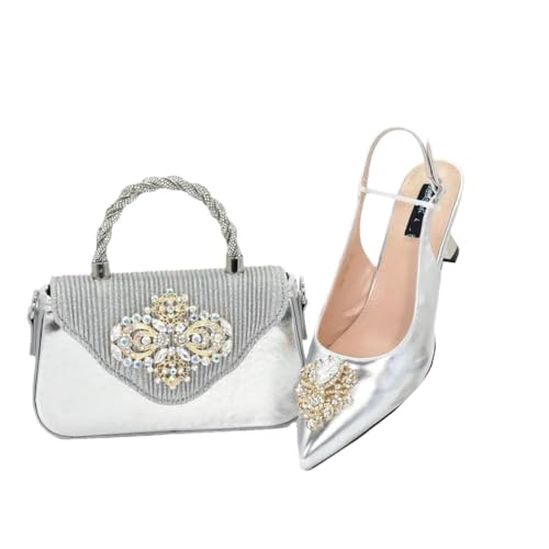 Damenschuhe und Taschen passend zu Set Nigeria Party Italienisches Schuh- und Taschen-Set Party in eleganten Pumps mit Absatz, Silber für Set, 42.5 EU von Generisch