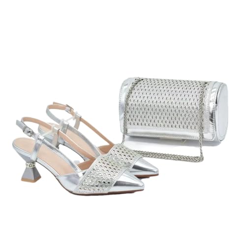 Damenschuhe und passende Taschen, verziert mit Strass-Partyschuhen und Taschen-Match, Silber für Set, 40.5 EU von Generisch