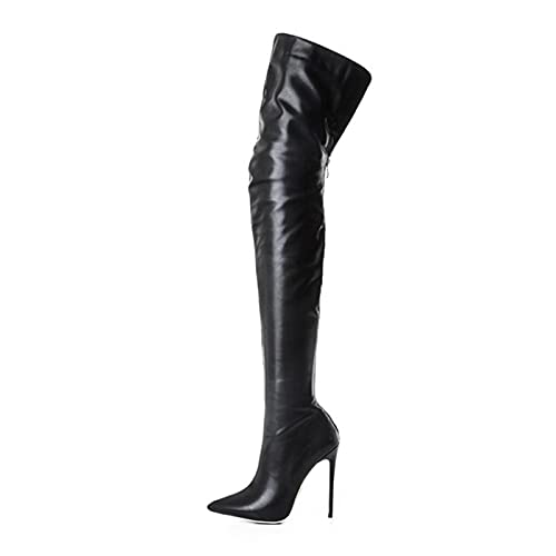 Damenstiefel, hohe Knie, spitzer Absatz, über Reißverschluss, Damenstiefel, Schwarz , 39 EU von Generisch
