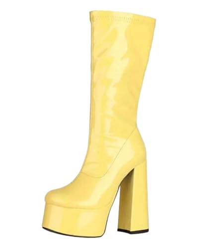 Damenstiefel, mittelhoch, Lackleder, Plateau, Blockabsatz, runde Zehenpartie, Reißverschluss, modisch, elegante Stiefel, Übergröße, Freizeitschuhe, gelb, 37.5 EU von Generisch