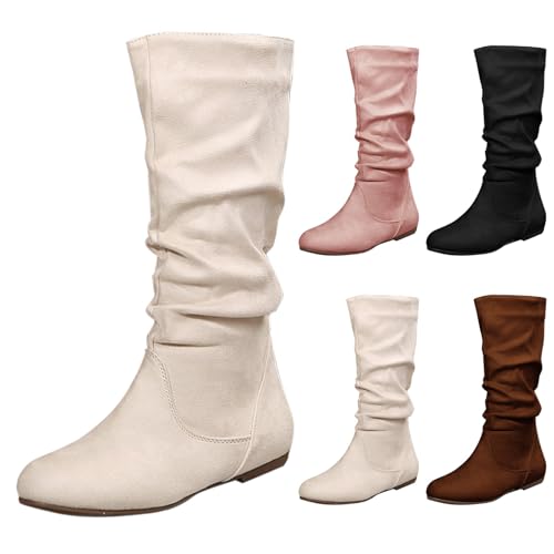 Damenstiefel aus Wildleder, mittelhoch, mit seitlichem Reißverschluss, Westernstiefel, flach, Bikerstiefel, zum Hineinschlüpfen, für Herbstwetter, bequeme Wanderschuhe, modisch, spitzer Zehenbereich von Generisch