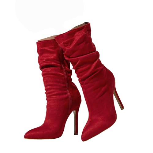Damenstiefel aus Wildlederimitat, Stiletto, hoher Absatz, mittelhoch, für Herbst und Winter, lässig, spitzer Zehenbereich, seitlicher Reißverschluss, rot, 37.5 EU von Generisch
