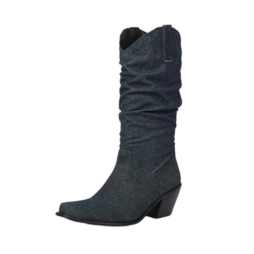 Damenstiefel in Übergröße, Denim-Obermaterial, mittelhoch, Hellblau mit konischem hohem Absatz und Slip-On-Design für einen einzigartigen lässigen Stil, 1, 44.5 EU von Generisch