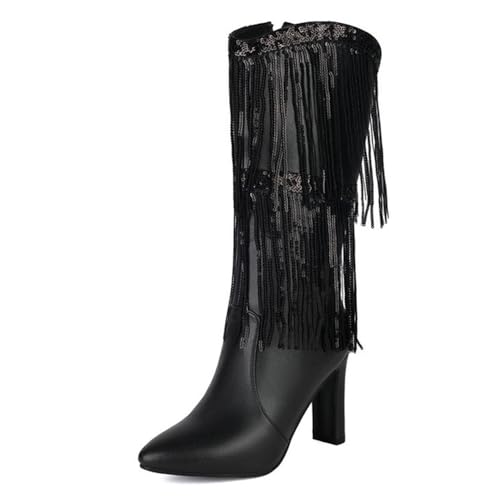 Damenstiefel mit hohem Absatz, metallisch, mit spitzer Zehenpartie, seitlicher Reißverschluss mit Quasten, Pailletten verziert, Schwarz , 36 EU von Generisch