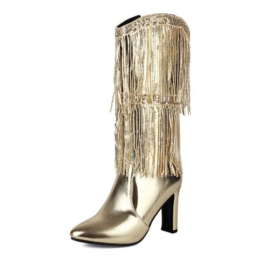 Damenstiefel mit hohem Absatz, metallisch, mit spitzer Zehenpartie, seitlicher Reißverschluss mit Quasten, Pailletten verziert, gold, 37.5 EU von Generisch