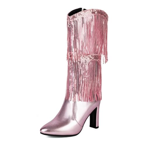 Damenstiefel mit hohem Absatz, metallisch, mit spitzer Zehenpartie, seitlicher Reißverschluss mit Quasten, Pailletten verziert, rose, 38 EU von Generisch