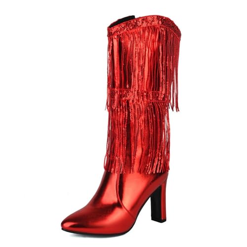 Damenstiefel mit hohem Absatz, metallisch, mit spitzer Zehenpartie, seitlicher Reißverschluss mit Quasten, Pailletten verziert, rot, 34 EU von Generisch