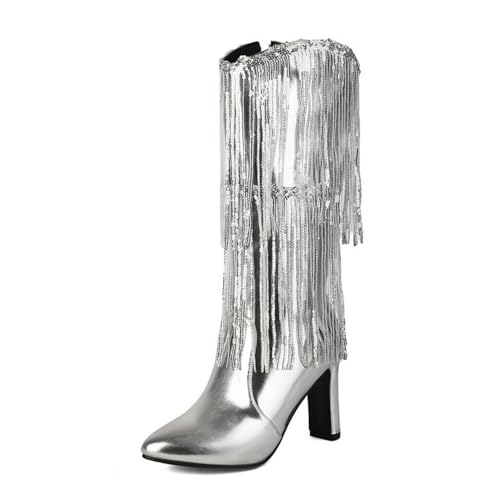 Damenstiefel mit hohem Absatz, metallisch, mit spitzer Zehenpartie, seitlicher Reißverschluss mit Quasten, Pailletten verziert, silber, 34 EU von Generisch