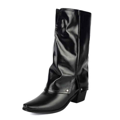 Damenstiefel mit quadratischem Zehenbereich, Blockabsatz, mittelhoch, modisch, zum Überziehen, Patchwork, Western-Cowgirl-Schuhe, Schwarz , 40 EU von Generisch