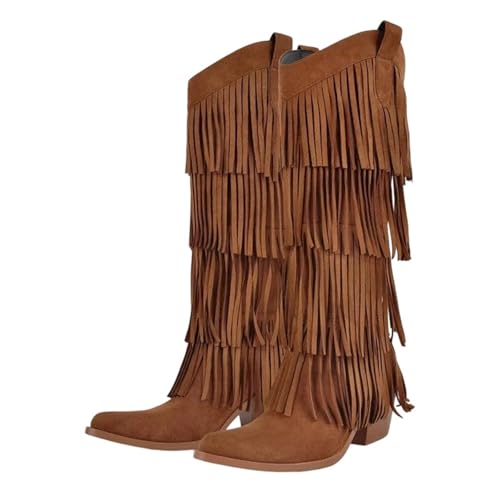 Damenstiefel mit spitzem Zehenbereich und bequemem Schlupfschuh in der Mitte der Wade und klobigem hohem Absatz für mühelosen Alltagsstil, Cd250534a, 42 EU von Generisch