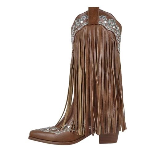 Damenstiefel mit spitzer Zehenpartie, bestickt, Fransen zum Überziehen mit Fransen, mittelhoher Absatz für ein modisches Themen-Event, Cd250384b, 42.5 EU von Generisch