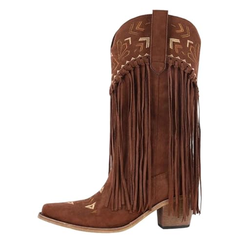 Damenstiefel mit spitzer Zehenpartie, bestickt, Fransen zum Überziehen mit Fransen, mittelhoher Absatz für ein modisches Themen-Event, Cd250622b, 41 EU Damenstiefel mit spitzer Zehenpartie, bestickt, Fransen zum Überziehen mit Fransen, mittelhoher Absatz für ein modisches Themen-Event, Cd250622b, 41 EU von Generisch