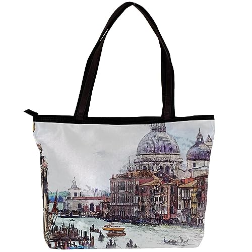 Damentasche Schultertasche Handtasche Venedig Wasser Stadt Druck Reißverschluss Geldbörse Top-Griff Reißverschluss Taschen für Fitnessstudio, Arbeit, Schule, mehrfarbig, 30x10.5x39cm/11.8x4.1x15.4in von Generisch