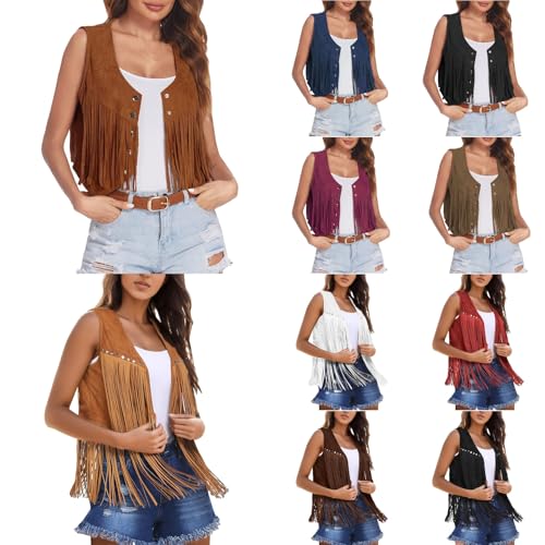 Damenweste mit Quasten Cowboy Ärmellos Weste Cardigan Cowgirl Kurze Jacke Mantel Braun Retro Hippie-Kostüme 70er Westernjacke Offene Vorderseite Boho Fransenweste Karneval Oktoberfest Kostüme von Generisch