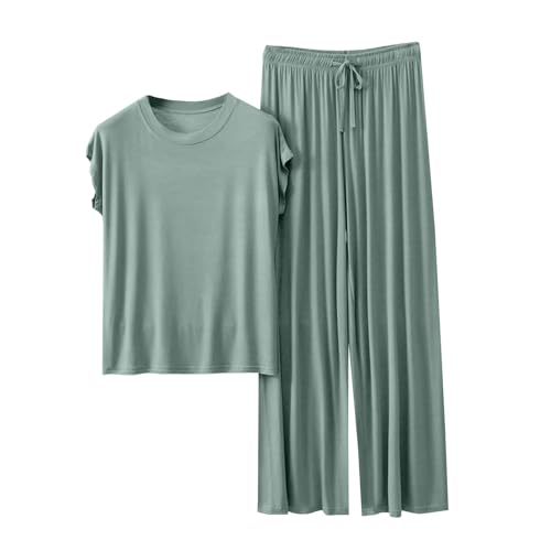 Day Prime Deals Damen Loungewear Set Sommer Kurzarm T Shirt und Lang Schlafanzughosen Homewear 2 Pieces Outfits Elegant Pyjama Rundhals Elastischer Bund Sleepwear Hausanzug Outdoor Freizeit Sets von Generisch