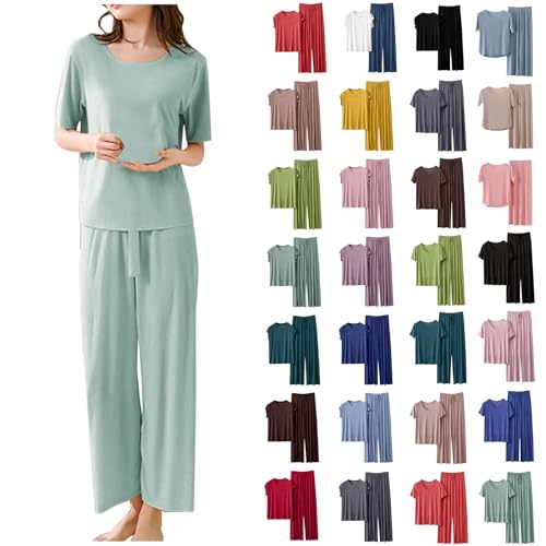 Day Prime Deals Damen Loungewear Set Sommer Kurzarm T Shirt und Lang Schlafanzughosen Homewear 2 Pieces Outfits Elegant Pyjama Rundhals Elastischer Bund Sleepwear Hausanzug Outdoor Freizeit Sets von Generisch