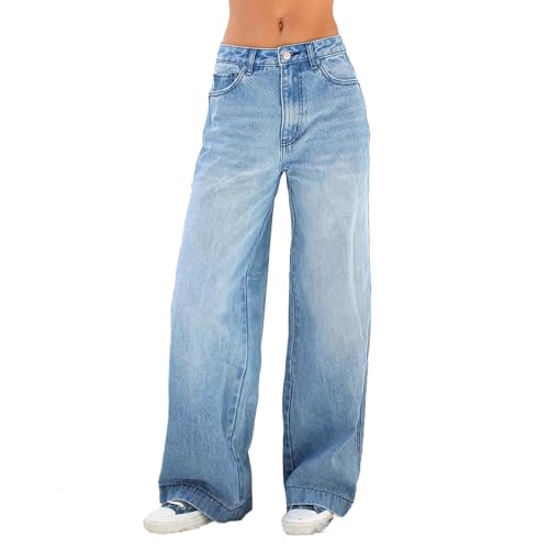 Denim Hosen Baggy Jeans Damen Loose Gerade Hosen Bootcut Jeans Jeanshosen Y2K Style Vintage High Waist Straight Jeans Breites Bein Jeans Hose Teenager Mädchen Streetwear von Generisch