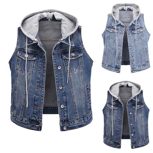 Denim Jacke Damen Ärmellose Denim-Weste Mit Kapuze Jeansweste Ärmellos Übergangsjacke Große Größen Leichte Sommerjacke Ärmelloses Jeans-Weste Locker Vintage Damenjacken Jeansmantel Blau von Generisch