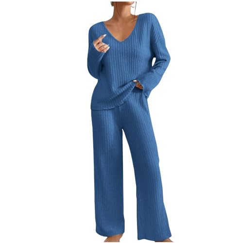 Der Discounter Hausanzug Damen Elegant Gestrickte Loungewear Einfarbig Strickanzug Langarm Schlafanzüge Zweiteiler V-Ausschnitt Homewear Locker Freizeitanzug Outfit Weites Bein Hose mit von Generisch