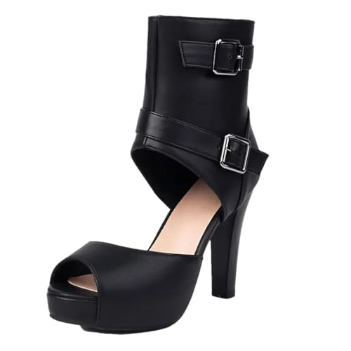 Design Damen-Sandalen, Peep-Toe, High Heels, 9,5 cm, Plateau, 2 cm, Reißverschluss, Gürtelschnalle, große Dating-Schuhe, Schwarz , 42 EU von Generisch