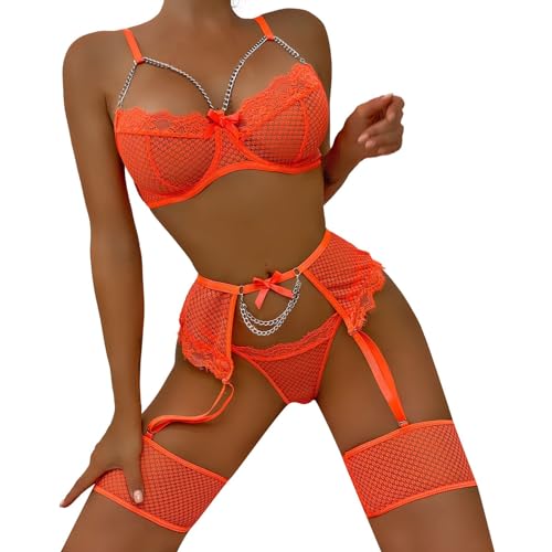 Dessous Damen Sexy Unterwäsche Set Verführerisches Mesh-Dessous-Set zum Schnüren mit Wimpern-Spitzenbesatz, Schleifengürtel Kettendetail Unterwäsche Set Spitze Frauen (Orange, S) von Generisch