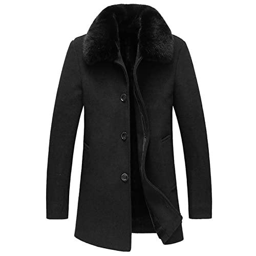 Dicker, MittelLanger Trenchcoat für Herren Winter Einreihige Wollmischung Top Coats Abnehmbarer Business Mantel mit Pelzkragen (175,Schwarz) von Generisch