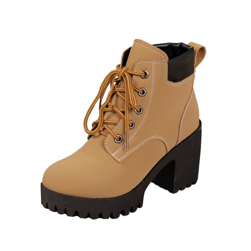 Dicker Absatz in Übergröße, britischer Stil 2024, Herbst/Winter, dicke Sohle, modisch, vielseitig, vorne zum Schnüren, Übergröße, kurze Damenstiefel, Keilabsatz, Plateau-Stiefel für Damen, gelb, 39 EU von Generisch