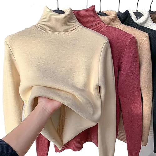 Dicker Strickpullover für Damen, Fleece, lässig, dicker Rollkragenpullover, weicher Thermo-Pullover, schmaler Pullover, aprikose, XL Dicker Strickpullover für Damen, Fleece, lässig, dicker Rollkragenpullover, weicher Thermo-Pullover, schmaler Pullover, aprikose, XL von Generisch