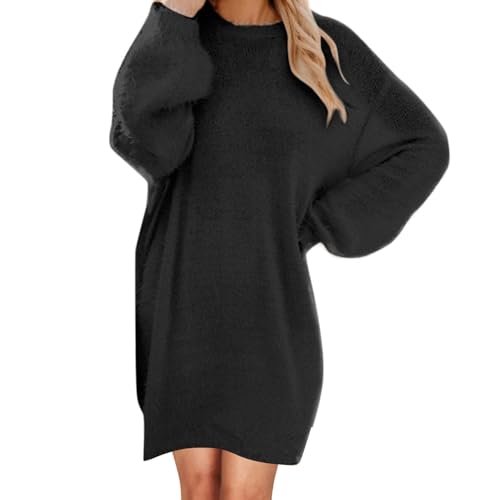 Die Discounter Pulloverkleid Damen Große Größen Plüsch Kleid Elegant Knielang Herbstkleid Einfarbig Fleece Sweatkleid Rundhals Pullover Minikleid Langarm Sweatshirtkleid Freizeit von Generisch