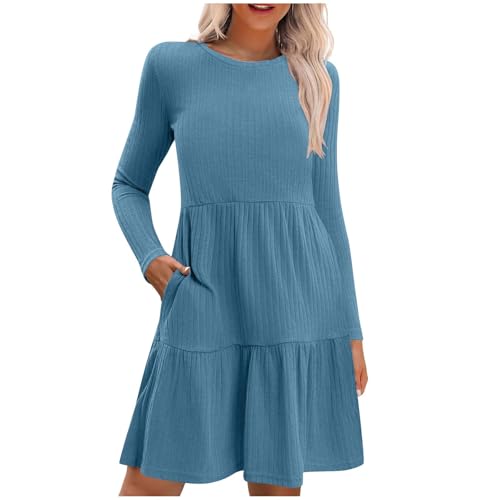 Die Discounter Strickkleid Damen Winter Knielang Pulloverkleid Elegant Herbstkleid mit Taschen A-Linie Einfarbig Winterkleid Stretch Langarm Minikleid Patchwork Rüschen Saum von Generisch