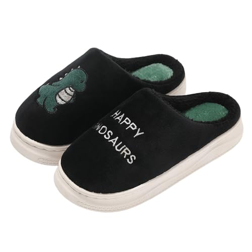 Dinosaurier-Hausschuhe für Damen, Thermo-Hausschuhe, Motiv: Happy Dinosaurier, Buchstaben-Druck, niedliche Tier-Slider, Plüsch-Hausschuhe, lustige Winter-Slides, warme Indoor-Slides, klobige von Generisch