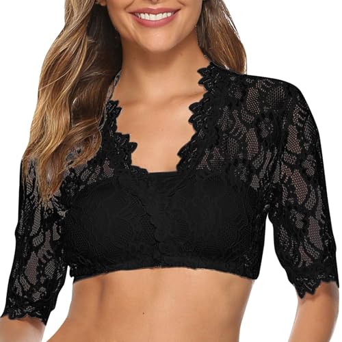 Dirndl Bluse Damen, Dirndlbluse Spitze Trachtenbluse Kurzarm Weiß Bluse Oktoberfest V-Ausschnitt Tracht Bluse Schwarz Elegante Halbarm Bluse Oktoberfest Kostüm Dirndlblusen Spitzenbluse (12 Black, XL) von Generisch