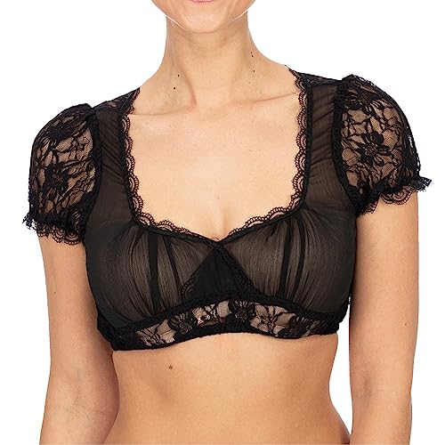 Dirndl Bluse Damen, Spitze Trachtenbluse Kurzarm Weiß V-Ausschnitt Tracht Schwarz Elegante Halbarm Oktoberfest Kostüm Dirndlblusen Spitzenbluse (20 Black, L) von Generisch