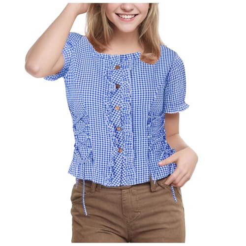 Dirndl Bluse Damen, Trachtenbluse Damen Kariert Rot Blau Trachtenblusen Oktoberfest Dirndlbluse Knöpfen Kurzarm Traditionelle Bluse Elegante Trachtenbluse Damen Modern Blusen Trachtenshirt von Generisch
