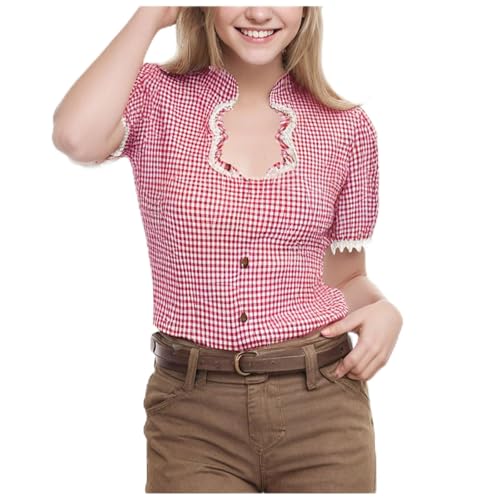Dirndl Bluse Damen, Trachtenbluse Damen Kariert Rot Blau Trachtenblusen Oktoberfest Outfit Trachtenmode Dirndlbluse Kurzarm Elegante Trachtenbluse Damen Modern Trachten Bluse Trachtenshirt von Generisch
