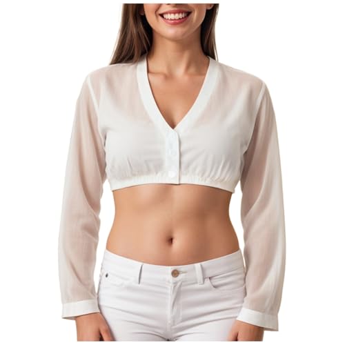 Dirndl Bluse Damen Dirndlbluse Dirndlbluse Langarm DirndlBlusen Knopfleiste V Ausschnitt Dirndlblusen Tracht Bluse Trachtenbluse Transparent Dirndlstern Blusen Trachtenblusen für (1A-White, S) von Generisch