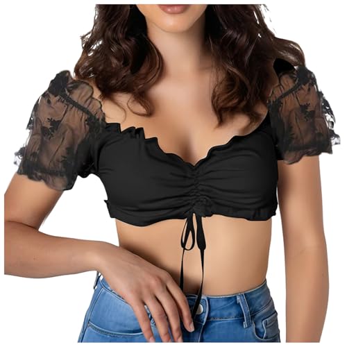 Dirndl Bluse Damen Dirndlbluse Spitze Trachtenbluse Damen Weiß V Ausschnitt Kurzarm Spitze Dirndl Bluse Elegante Tracht Blusen Oktoberfest Kostüm Dirndlblusen Schwarz Spitzenbluse Blusenshirt52 von Generisch