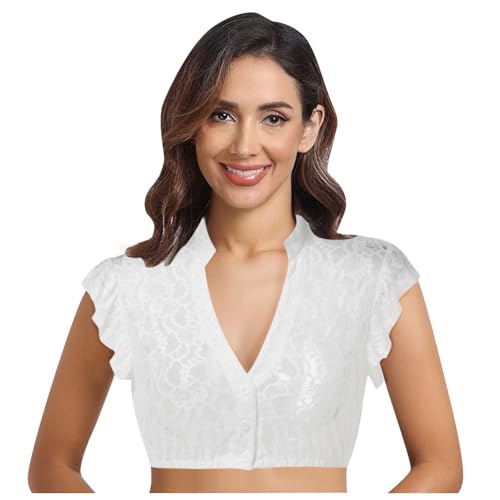 Dirndl Bluse Damen Spitze Flügelärmel Trachtenbluse Weiß Dirndlbluse Stehkragen Kurzarm DirndlBlusen Bayrische Tracht V Ausschnitt Trachten Oberteil Elegant Dirndl Bluse für Oktoberfest von Generisch