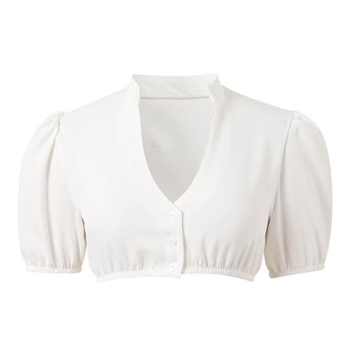 Dirndl Bluse Damen Weiß V Ausschnitt Trachtenbluse Kurzarm Trachtenbluse Hochgeschlossen Kurzarm Dirndlblusen Tracht Oktoberfest Dirndlblusen Für Damen Hochgeschlossen Dirndlbluse (02 White, L) von Generisch