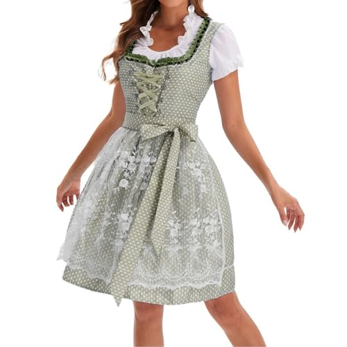 Dirndl Damen 3-Teilig Dirndl Midi Damen Trachtenkleid Dirndlkleid mit Spitze Elegant Trachtenmode Kleider mit Blumenmuster-Brustteil Dirndlschürze Kurzarm Dirndlbluse für Oktoberfest (Army Green, 36) von Generisch