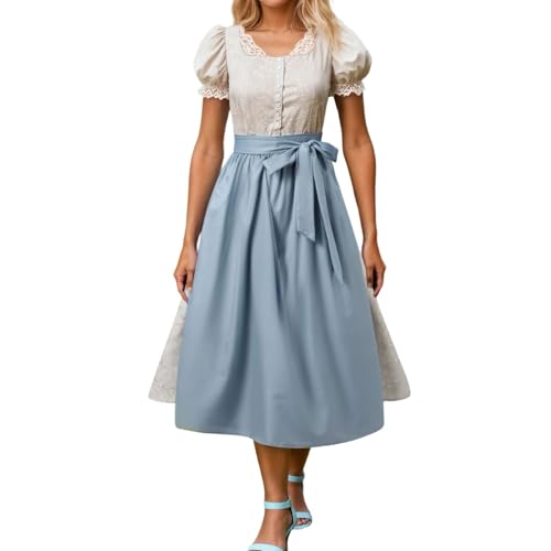 Dirndl Damen - Damen Dirndl Mit Blumenmuster-Brustteil, Blauschlauem Bindschnur-Design, Puffärmeln Mit Spitze, Schwarzem Rock Und Spitzenbesatz von Generisch