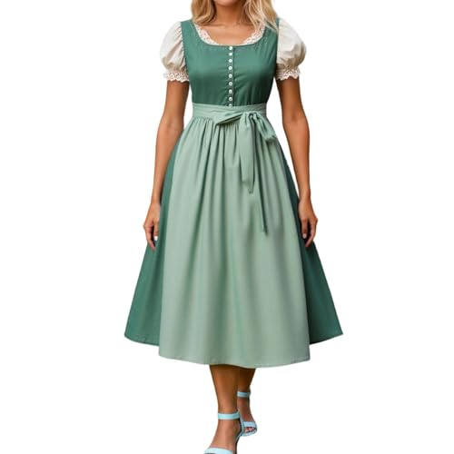 Dirndl Damen - Damen Dirndl Mit Blumenmuster-Brustteil, Blauschlauem Bindschnur-Design, Puffärmeln Mit Spitze, Schwarzem Rock Und Spitzenbesatz von Generisch