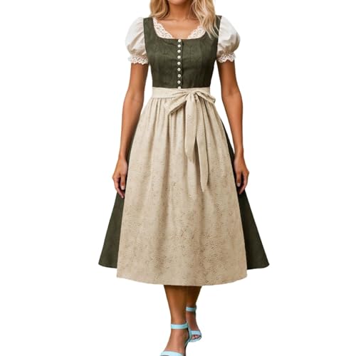 Dirndl Damen - Damen Dirndl Mit Blumenmuster-Brustteil, Blauschlauem Bindschnur-Design, Puffärmeln Mit Spitze, Schwarzem Rock Und Spitzenbesatz von Generisch