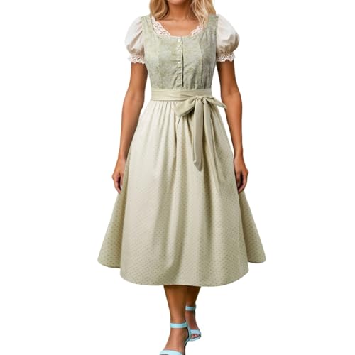 Dirndl Damen - Damen Dirndl Mit Blumenmuster-Brustteil, Blauschlauem Bindschnur-Design, Puffärmeln Mit Spitze, Schwarzem Rock Und Spitzenbesatz von Generisch