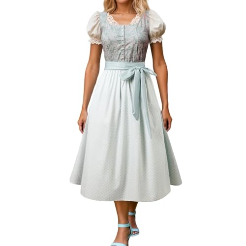 Dirndl Damen - Damen Dirndl Mit Blumenmuster-Brustteil, Blauschlauem Bindschnur-Design, Puffärmeln Mit Spitze, Schwarzem Rock Und Spitzenbesatz von Generisch