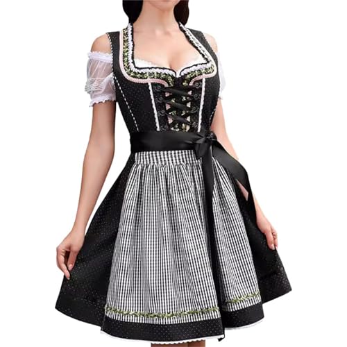 Dirndl Damen-Damens Dirndls Mit Blumenmuster-Brustteil,Blauschlauem Bindschnur-Design,Puffärmeln Mit Spitze,Schwarzem Rock Und Spitzenbesatz Trachtenkleid Damen Lang Oktoberfest Damen Outfit von Generisch