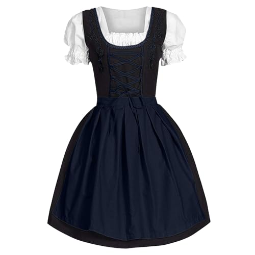 Dirndl Damen Midi Trachtenkleid Schlicht Outfit Trachtenmode Vintage Set Elegant Kostüm Inkl. Dirndlschürze Dirndl Damen midi Lang Dirndl Trachtenkleid Dirndl-Komplettsets Trachtenmode (Navy-B, M) von Generisch
